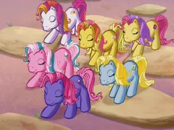 Size: 640x480 | Tagged: apple spice, cotton candy (g3), derpibooru import, eyes closed, fizzypop, g3, gem blossom, moondancer (g3), safe, screencap, sunny daze (g3), the princess promenade