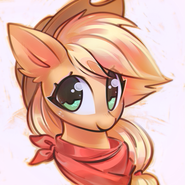 Size: 1200x1200 | Tagged: safe, artist:mirroredsea, derpibooru import, applejack, earth pony, pony, applejack's hat, bandana, bust, cowboy hat, cute, ear fluff, eye clipping through hair, female, hat, jackabetes, looking at you, mare, portrait, solo