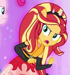 Size: 869x935 | Tagged: safe, derpibooru import, screencap, pinkie pie, sunset shimmer, equestria girls, equestria girls series, spring breakdown, spoiler:eqg series (season 2), clothes, cropped, determined, dress, handless gloves, image, lifejacket, offscreen character, open mouth, png, ponied up, sleeveless, spiked headband, super ponied up