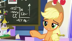 Size: 1920x1080 | Tagged: safe, derpibooru import, screencap, applejack, earth pony, pony, sparkle's seven, chalkboard, friendship throne, solo, written equestrian