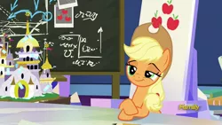 Size: 1920x1080 | Tagged: safe, derpibooru import, screencap, applejack, earth pony, pony, sparkle's seven, chalkboard, friendship throne, solo