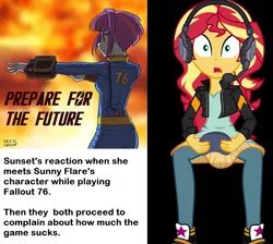 Size: 1464x1312 | Tagged: safe, artist:uotapo, derpibooru import, sunny flare, sunset shimmer, equestria girls, equestria girls series, game stream, spoiler:eqg series (season 2), fallout, fallout 76, gamer sunset, pipboy, sunny flare's wrist devices, text