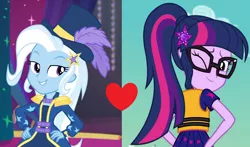 Size: 1608x944 | Tagged: safe, derpibooru import, edit, sci-twi, trixie, twilight sparkle, equestria girls, equestria girls series, spring breakdown, spoiler:eqg series (season 2), female, geode of telekinesis, lesbian, magical geodes, sci-twixie, shipping, shipping domino, twixie