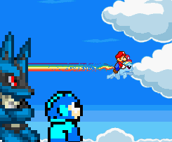 Size: 245x203 | Tagged: safe, artist:icelucario64, derpibooru import, rainbow dash, human, lucario, pegasus, pony, robot, cap, crossover, female, flying, hat, humans riding ponies, male, mare, mario, mario's hat, mega crossover, megaman, pixel art, pokémon, rainbow trail, riding, speed trail, super mario bros.