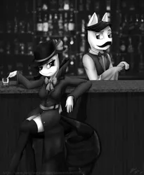 Size: 1080x1316 | Tagged: safe, artist:shamziwhite, derpibooru import, rarity, unnamed character, unnamed pony, anthro, pony, sparkle's seven, bar, bartender, canon, clothes, coat, detective, detective rarity, female, juice jackie, noir
