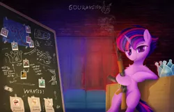 Size: 4000x2569 | Tagged: safe, artist:gouransion, derpibooru import, twilight sparkle, pony, unicorn, sparkle's seven, :j, ak-47, alternate hairstyle, assault rifle, bipedal, bipedal leaning, blueprint, brick wall, chalkboard, couch, crown, dollar, female, fluffy, gun, hard-won helm of the sibling supreme, jewelry, leaning, looking at you, mare, polaroid, punklight sparkle, regalia, rifle, smoking gun, solo, tongue out, wanted poster, weapon, window