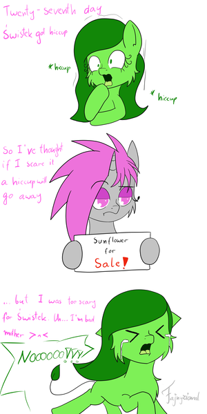 Size: 3000x6000 | Tagged: safe, artist:fajnyziomal, derpibooru import, oc, oc:purple light, oc:świstek, unofficial characters only, original species, plant pony, pony, unicorn, comic:świstek, cheek fluff, chest fluff, comic, crying, curly eyelashes, eyes closed, female, hiccups, mare, open mouth, plant, running, running away, scared, sign