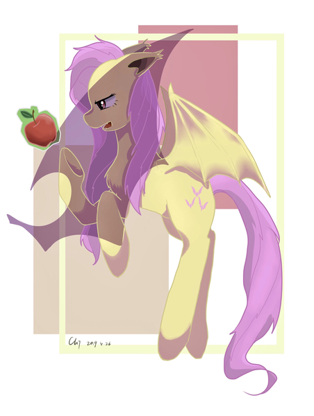 Size: 1124x1492 | Tagged: safe, alternate version, artist:minor理, derpibooru import, fluttershy, bat pony, apple, bat ponified, female, flutterbat, food, mare, race swap, solo