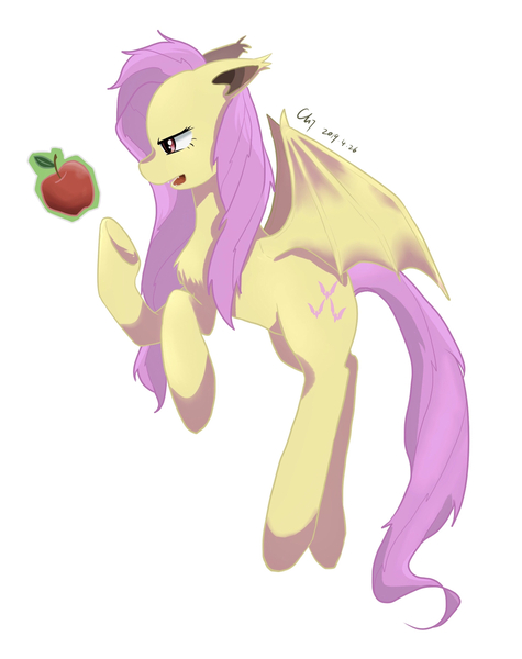 Size: 1124x1420 | Tagged: safe, artist:minor理, derpibooru import, fluttershy, bat pony, pony, apple, bat ponified, female, flutterbat, food, looking at something, mare, profile, race swap, simple background, solo, spread wings, white background, wings