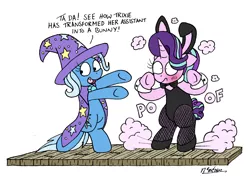 Size: 6236x4427 | Tagged: safe, artist:bobthedalek, derpibooru import, starlight glimmer, trixie, pony, unicorn, bipedal, blushing, bowtie, bunny ears, bunny suit, cape, clothes, cuffs (clothes), cute, dialogue, duo, embarrassed, female, glimmerbetes, hat, leotard, magic, magic show, mare, pantyhose, playboy bunny, poof, shoes, simple background, speech, talking, trixie's cape, trixie's hat, white background