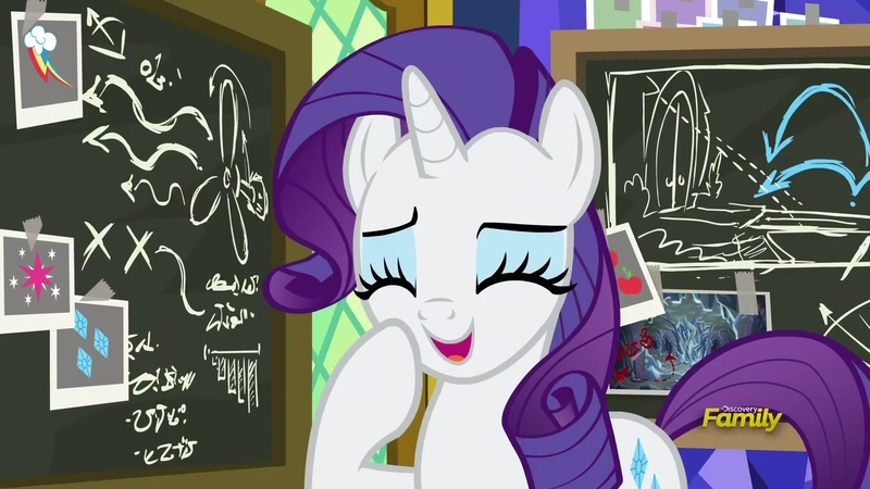 Size: 1920x1080 | Tagged: safe, derpibooru import, screencap, rarity, pony, sparkle's seven, chalkboard, laughing, solo