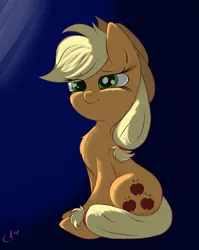 Size: 2285x2876 | Tagged: safe, artist:lux-arume, derpibooru import, applejack, earth pony, pony, applejack's hat, chest fluff, cowboy hat, cute, ear fluff, eye clipping through hair, female, hat, jackabetes, mare, sitting, solo