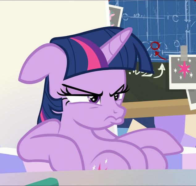 Size: 1040x983 | Tagged: safe, derpibooru import, screencap, twilight sparkle, twilight sparkle (alicorn), alicorn, pony, sparkle's seven, angry, belly, chalkboard, cropped, cute, duckface, floppy ears, friendship throne, grumpy, grumpy twilight, madorable, narrowed eyes, pouting, sitting, slouching, solo, twiabetes