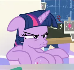 Size: 1040x983 | Tagged: safe, derpibooru import, screencap, twilight sparkle, twilight sparkle (alicorn), alicorn, pony, sparkle's seven, angry, belly, chalkboard, cropped, cute, duckface, floppy ears, friendship throne, grumpy, grumpy twilight, madorable, narrowed eyes, pouting, sitting, slouching, solo, twiabetes