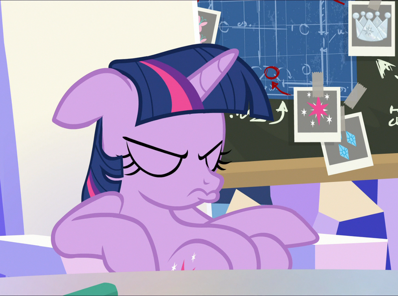 Size: 1323x983 | Tagged: safe, derpibooru import, screencap, twilight sparkle, twilight sparkle (alicorn), alicorn, pony, sparkle's seven, angry, chalkboard, cropped, cute, duckface, eyes closed, floppy ears, friendship throne, grumpy, grumpy twilight, madorable, pouting, sitting, slouching, solo