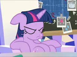 Size: 1323x983 | Tagged: safe, derpibooru import, screencap, twilight sparkle, twilight sparkle (alicorn), alicorn, pony, sparkle's seven, angry, chalkboard, cropped, cute, duckface, eyes closed, floppy ears, friendship throne, grumpy, grumpy twilight, madorable, pouting, sitting, slouching, solo