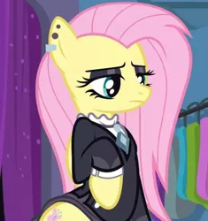 Size: 564x600 | Tagged: safe, artist:spectre-z, derpibooru import, edit, fluttershy, pegasus, pony, fake it 'til you make it, clothes, cropcon, cropped, ear piercing, earring, eyeshadow, female, fluttergoth, goth, jewelry, makeup, piercing, raised hoof, show accurate, skirt, skirt lift, solo