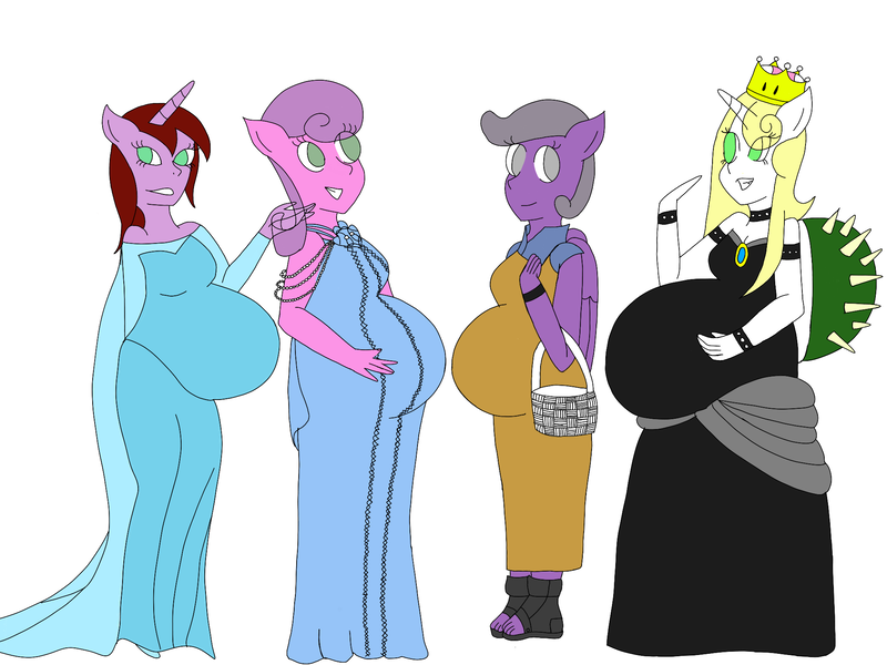 Size: 2048x1536 | Tagged: safe, artist:mintymelody, derpibooru import, oc, alicorn, anthro, earth pony, pegasus, unicorn, alicorn oc, basket, bowsette, clothes, cosplay, costume, elsa, frozen (movie), horn, kushina uzumaki, multiple pregnancy, naruto, new super mario bros., octuplets, offspring, offspring's offspring, padme amidala, parent:oc:shimmering glow, parent:princess flurry heart, parents:canon x oc, pregnant, revenge of the sith, star wars, star wars: revenge of the sith, super mario bros., wings