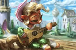 Size: 1200x800 | Tagged: safe, artist:assasinmonkey, derpibooru import, applejack, earth pony, pony, sparkle's seven, acoustic guitar, alternate hairstyle, apple chord, canterlot, cowboy hat, female, freckles, guitar, hat, mare, musical instrument, scene interpretation, signature, solo, stage, stetson