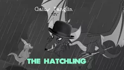 Size: 1280x720 | Tagged: black and white, bowler hat, cane, charlie chaplin, derpibooru import, dragon, edit, edited screencap, facial hair, female, gaius (dragon), grayscale, hat, male, monochrome, moustache, poster parody, rain, safe, scales (character), screencap, text, the hearth's warming club, the kid (silent movie)