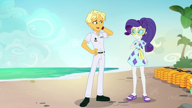 Size: 1920x1080 | Tagged: safe, derpibooru import, screencap, ragamuffin (equestria girls), rarity, equestria girls, equestria girls series, spring breakdown, spoiler:eqg series (season 2), arm behind head, beach, clothes, feet, female, glasses, legs, lifejacket, male, open-toed shoes, pants, ponytail, shoes