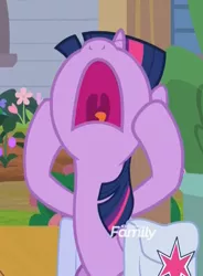 Size: 796x1080 | Tagged: safe, derpibooru import, screencap, twilight sparkle, twilight sparkle (alicorn), alicorn, pony, the point of no return, aaugh!, annoyed, bag, cropped, frustrated, head in hooves, looking up, open mouth, reaction image, saddle bag, screaming, silver stable community, tongue out, twilighting, uvula