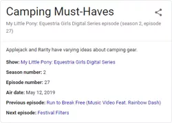 Size: 456x328 | Tagged: safe, derpibooru import, applejack, rarity, camping must-haves, equestria girls, equestria girls series, spoiler:eqg series (season 2), synopsis, text, text only