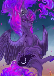 Size: 2878x4067 | Tagged: safe, artist:coconuthound, derpibooru import, princess luna, alicorn, pony, sparkle's seven, abstract background, alternate design, crossed hooves, crossed legs, crown, female, frown, hard-won helm of the sibling supreme, jewelry, mare, regalia, signature, sitting, solo