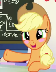 Size: 511x652 | Tagged: safe, derpibooru import, screencap, applejack, earth pony, pony, sparkle's seven, blush sticker, blushing, chalkboard, cropped, cute, friendship throne, hat, jackabetes, open mouth, solo