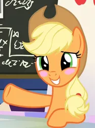 Size: 748x1001 | Tagged: safe, derpibooru import, screencap, applejack, earth pony, pony, sparkle's seven, blushing, chalkboard, cropped, friendship throne, hat, solo