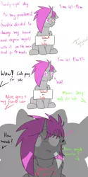 Size: 3000x6000 | Tagged: safe, artist:fajnyziomal, derpibooru import, oc, oc:purple light, unofficial characters only, pony, unicorn, comic:świstek, cheek fluff, comic, dialogue, female, looking up, mare, offscreen character, punishment, shadow, shoulder fluff, sign, sitting, solo, sweat, sweatdrops