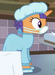 Size: 277x375 | Tagged: safe, derpibooru import, screencap, tender care, pony, unicorn, where the apple lies, background pony, clothes, cropped, face mask, female, hair net, mare, scrubs (gear), solo, surgical mask