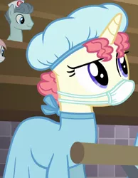 Size: 616x795 | Tagged: safe, derpibooru import, screencap, ratchet (character), pony, unicorn, where the apple lies, background pony, clothes, cropped, face mask, female, hair net, mare, scrubs (gear), solo focus, surgical mask