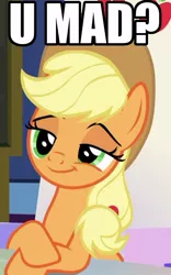 Size: 358x573 | Tagged: safe, derpibooru import, edit, edited screencap, screencap, applejack, earth pony, pony, sparkle's seven, caption, cropped, female, friendship throne, image macro, mare, meme, solo, text, u mad