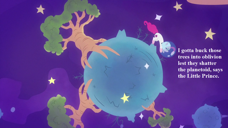 Size: 1280x720 | Tagged: safe, derpibooru import, edit, edited screencap, screencap, pinkie pie, earth pony, pony, sparkle's seven, asteroid, astronaut pinkie, baobab, dialogue, female, mare, solo, space, spacesuit, stars, text, the little prince, tree, uh oh, volcano