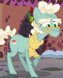 Size: 691x849 | Tagged: safe, derpibooru import, screencap, figgy pudding (character), earth pony, pony, a hearth's warming tail, background pony, clothes, cropped, elderly, glasses, male, pince-nez, scarf, solo, stallion