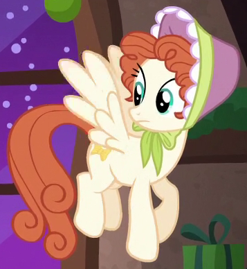 Size: 357x388 | Tagged: safe, derpibooru import, screencap, bow bonnet, pegasus, pony, a hearth's warming tail, background pony, bonnet, cropped, female, flying, mare, solo, the little redheaded mare