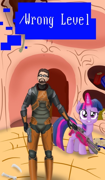 Size: 957x1632 | Tagged: artist:gosolo, barnacle (half-life), crossover, derpibooru import, golden oaks library, gordon freeman, gun, half-life, handgun, hev suit, revolver, safe, shotgun, spas-12, title, twilight sparkle, weapon