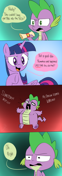 Size: 1000x2814 | Tagged: safe, artist:emositecc, derpibooru import, spike, twilight sparkle, twilight sparkle (alicorn), alicorn, dragon, pony, the point of no return, abuse, box, comic, female, it's funny cause spike's a fax machine, male, mare, scroll, spikeabuse, winged spike