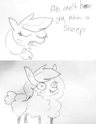 Size: 1340x1738 | Tagged: safe, artist:tjpones, derpibooru import, applejack, pony, sheep, look before you sleep, beep beep, monochrome, pun, silly, silly pony, sketch, solo, species swap, who's a silly pony, word play