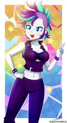Size: 1020x1860 | Tagged: safe, artist:the-butch-x, derpibooru import, rarity, equestria girls, it isn't the mane thing about you, alternate hairstyle, belly button, breasts, busty rarity, cleavage, clothes, female, hand on hip, midriff, open mouth, pants, peace sign, punk, raripunk, signature, solo, tongue out
