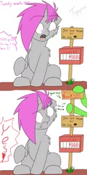 Size: 3000x6000 | Tagged: safe, artist:fajnyziomal, derpibooru import, oc, oc:purple light, oc:świstek, unofficial characters only, pony, unicorn, comic:świstek, auction, cheek fluff, chest fluff, comic, dialogue, exclamation point, female, frown, interrobang, mare, offscreen character, open mouth, question mark, raised hoof, shoulder fluff, sign, sitting, solo focus, wide eyes