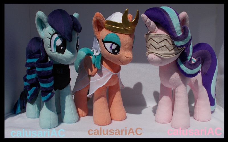 Size: 3468x2168 | Tagged: safe, artist:calusariac, derpibooru import, coloratura, somnambula, starlight glimmer, pony, irl, photo, plushie, rara, somnambula's blindfold