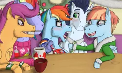 Size: 1280x768 | Tagged: safe, artist:azurllinate, derpibooru import, bow hothoof, rainbow dash, scootaloo, soarin', windy whistles, oc, oc:azure sprint, pegasus, pony, ankle cuffs, baby, candy, candy cane, chocolate, clothes, colt, cuffs, dining room, embarrassed, excited, female, flustered, foal, food, futurehooves, garland, green eyes, group, hearth's warming, hoers, holding a pony, hot chocolate, male, mother and child, mother and son, mug, multicolored hair, necktie, next gen:futurehooves, offspring, older, older scootaloo, parent:rainbow dash, parent:soarin', parents:soarindash, pegasus oc, pointing, ponytail, purple eyes, robe, shipping, smiling, soarindash, story included, straight, sweater, wings, wreath, yelling