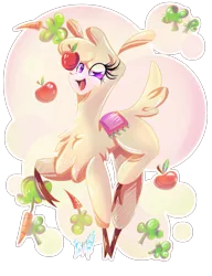 Size: 981x1280 | Tagged: abstract background, alpaca, apple, artist:alexbluebird, carrot, community related, cute, derpibooru import, eye clipping through hair, female, food, no pupils, open mouth, paprika paca, safe, solo, speedpaint available, them's fightin' herds