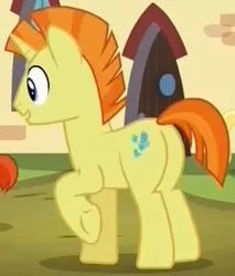 Size: 251x295 | Tagged: safe, derpibooru import, screencap, sunspot (character), pony, unicorn, the cutie re-mark, butt, cropped, male, plot, raised hoof, solo, stallion, underhoof