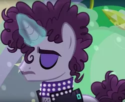 Size: 1137x932 | Tagged: safe, derpibooru import, screencap, prance (character), undertone, ponified, pony, unicorn, the mane attraction, background pony, choker, clothes, cropped, eyes closed, eyeshadow, glowing horn, horn, jacket, magic, makeup, male, prince (musician), solo, stallion, studded choker