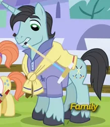 Size: 435x500 | Tagged: safe, derpibooru import, screencap, dee six, neckshot, pony, unicorn, princess spike (episode), background pony, cropped, croquet mallet, discovery family logo, male, mouth hold, polo shirt, solo focus, stallion
