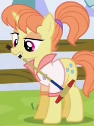 Size: 369x497 | Tagged: safe, derpibooru import, screencap, dee six, pony, unicorn, princess spike (episode), background pony, cropped, croquet mallet, female, lidded eyes, mare, mouth hold, ponytail, solo