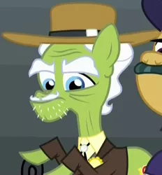 Size: 440x475 | Tagged: safe, derpibooru import, screencap, unnamed character, unnamed pony, earth pony, pony, appleoosa's most wanted, appleloosa resident, background pony, bolo tie, cowboy hat, cropped, elderly, facial hair, hat, male, moustache, solo focus, stallion, stubble